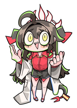 1girl black_shorts black_tail blue_archive brown_hair chibi coat denkiusagi ears halo highres horns kasumi_(blue_archive) lab_coat long_hair looking_at_viewer looking_up red_shirt shirt shorts slippers smile tail white_background yellow_eyes