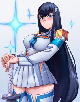 1girl absurdres bakuzan blue_eyes blue_hair blush breasts closed_mouth commentary cowboy_shot dilan_griz dress epaulettes hand_on_weapon highres junketsu kill_la_kill kiryuuin_satsuki large_breasts long_hair long_sleeves looking_at_viewer pleated_dress solo sword thick_eyebrows thighhighs very_long_hair weapon white_background white_dress white_thighhighs