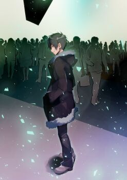 1boy absurdres bag black_hair black_pants brown_eyes closed_eyes coat crowd cube durarara!! from_side full_body fur-trimmed_coat fur-trimmed_hood fur-trimmed_jacket fur_trim gradient_sky hands_in_pockets highres hood jacket long_sleeves male_focus orihara_izaya pa_yashi pants short_hair silhouette simple_background sky smile smirk solo_focus standing winter winter_clothes