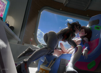 2girls 3d after_kiss ass black_hair bodysuit brown_hair chair commentary crossover d.va_(overwatch) english_commentary erection futa_with_female futanari gaming_chair highres marvel marvel_rivals mecha_pilot_suit monitor multiple_girls overwatch peni_parker pensubz pornography saliva saliva_trail spider-man_(series) sunlight swivel_chair testicles trait_connection window