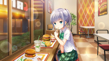 Rule 34 | 1girl, blue eyes, blue hair, blush, bow, breasts, burger, card (medium), day, eating, female focus, food, french fries, girlfriend (kari), green skirt, indoors, legs, looking at viewer, medium hair, night, official art, open mouth, plaid clothes, plaid skirt, pleated skirt, ponytail, qp:flapper, restaurant, school uniform, shirt, shoes, short sleeves, sidelocks, silver hair, sitting, skirt, small breasts, solo, thighs, tsukiguma rinko, white shirt