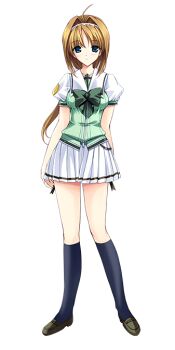 Rule 34 | 1girl, ahoge, black socks, blue eyes, bow, brown hair, choukou (alicesoft), choukou sennin haruka, full body, hair intakes, hairband, kneehighs, loafers, long hair, looking at viewer, official art, onigirikun, otogi frontier, pleated skirt, puffy sleeves, ribbon, school uniform, second-party source, shoes, short sleeves, skirt, smile, socks, solo, standing, tachi-e, takamori haruka, transparent background, variant set