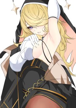 1girl absurdres arm_up armpits bare_shoulders belt black_jacket black_skirt black_veil blonde_hair blue_eyes blush breasts brown_pantyhose chaos_zero_nightmare gloves gold_trim hair_over_one_eye high-waist_skirt highres jacket large_breasts long_hair long_sleeves looking_at_viewer open_clothes open_jacket open_mouth orlea_(chaos_zero_nightmare) pantyhose shirt sideboob skirt sleeveless sleeveless_shirt solo swept_bangs unanooo_(fthx7532) veil very_long_hair white_gloves white_shirt wide_sleeves