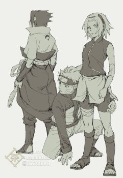 Rule 34 | 1girl, 2boys, bandaged leg, bandages, bike shorts, boots, breasts, chara no7, commentary request, elbow sleeve, facial mark, full body, furrowed brow, hairband, hand on another's head, haruno sakura, headband, highres, jacket, konohagakure symbol, medium breasts, multiple boys, naruto (series), naruto shippuuden, on one knee, open-toe boots, pants, parted bangs, popped collar, rope belt, shirt, short hair, spiked hair, standing, twintails, uchiha sasuke, uzumaki naruto, vest, whisker markings, white background, white shirt