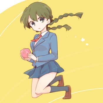 Rule 34 | 1girl, braid, breasts, brown hair, grey eyes, kyoukai no rinne, long hair, lowres, mamiya sakura, open mouth, school uniform, shoes, skirt, socks, twintails