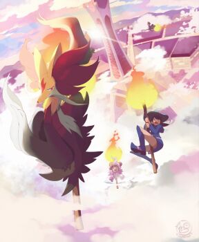 3girls broom broom_riding cloud cloudy_sky delphox flying gen_6_pokemon harukaze_doremi highres kagari_atsuko kiki_(majo_no_takkyuubin) little_witch_academia lumiose_city majo_no_takkyuubin mega_delphox mega_pokemon multiple_girls nintendo ojamajo_doremi pokemon pokemon_(creature) sky startboii sunset