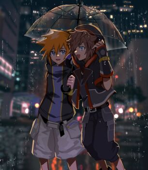 2boys belt blue_eyes brown_hair city city_lights crossover headphones headphones_around_neck high_collar highres holding holding_umbrella hood hood_up jacket keiseki1 kingdom_hearts loose_belt multicolored_jacket multicolored_shirt multiple_boys night open_mouth orange_hair rain sakuraba_neku sharing shirt sleeveless sleeveless_shirt smile sora_(kingdom_hearts) spiked_hair subarashiki_kono_sekai umbrella under_umbrella