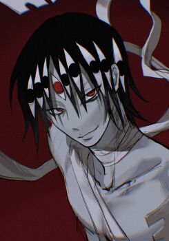 1boy asura_(soul_eater) bandaged_neck bandages black_hair closed_mouth extra_eyes film_grain grin hashtag-only_commentary highres looking_at_viewer multicolored_hair myoart pale_skin red_background red_eyes slit_pupils smile solo soul_eater striped_hair
