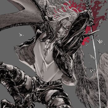 1boy black_jacket dinosaur_boy facial_hair facial_tattoo feathered_wings fighting_stance fire frilled_shirt frills goatee highres holding holding_sword holding_weapon jacket king_(one_piece) leather leather_jacket leather_pants long_hair male_focus one_piece pants partial_transformation partially_colored red_eyes shirt shoulder_spikes small_sweatdrop so999870 solo spikes sword tattoo weapon white_hair white_shirt wings