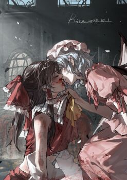 2girls absurdres aihara-rina ascot blood blood_on_arm blood_on_clothes blood_on_face blue_hair bow brown_hair chest_sarashi chinese_commentary closed_mouth clothes_grab clothes_lift collar_grab collared_shirt commentary_request dated detached_sleeves fingernails frilled_bow frilled_hair_tubes frills from_side grabbing_another's_shirt hair_bow hair_tubes hakurei_reimu hat highres imminent_kiss injury long_hair mob_cap multiple_girls neckwear_grab pink_hat pink_shirt pink_skirt pointy_ears puffy_short_sleeves puffy_sleeves red_bow red_eyes red_skirt remilia_scarlet sarashi sharp_fingernails shirt shirt_lift short_hair short_sleeves signature skirt sleeveless sleeveless_shirt touhou window yellow_ascot yuri