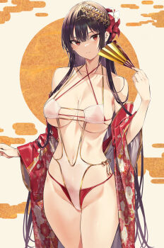 1girl bare_shoulders bikini black_hair breasts closed_mouth collarbone cowboy_shot floral_print flower folding_fan groin hair_flower hair_ornament haite_kudasai_takamine-san hand_fan hand_up highres hiiragi_yuuichi holding holding_fan japanese_clothes kimono large_breasts long_hair looking_at_viewer one-piece_swimsuit open_clothes open_kimono red_bikini red_eyes red_flower red_kimono skindentation solo swimsuit takamine_takane thighs underboob very_long_hair white_flower wide_sleeves