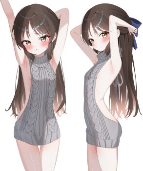 1girl absurdres armpits arms_behind_head arms_up backless_sweater bare_arms blush breasts brown_eyes brown_hair fella_(vpffk0731) female_focus grey_sweater hair_ribbon half_updo highres idolmaster idolmaster_cinderella_girls idolmaster_cinderella_girls_u149 loli long_hair looking_at_viewer multiple_views presenting_own_armpit ribbon sideboob simple_background small_breasts solo standing sweater tachibana_arisu thigh_gap thighs very_long_hair virgin_killer_sweater white_background