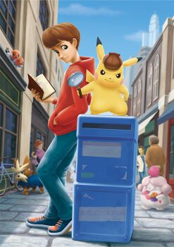 1girl 3boys artist_request bag bicycle blue_pants blue_shoes blue_sky book brown_eyes brown_hair brown_hat building closed_mouth clothed_pokemon cloud day detective_pikachu_(character) detective_pikachu_(game) detective_pikachu_(series) fletchling food gen_1_pokemon gen_5_pokemon gen_6_pokemon hand_in_pocket handbag hat herdier holding holding_book holding_food hood hood_down hoodie key_visual long_sleeves magnifying_glass multiple_boys nintendo official_art open_book pants pikachu pokemon pokemon_(creature) promotional_art red_hoodie shoes short_hair sky slurpuff smile standing standing_on_box third-party_source tim_goodman