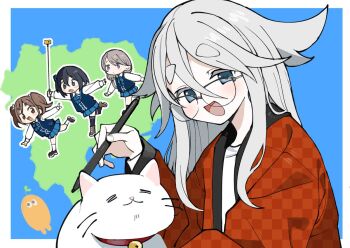 4girls akiyama_haruno amamiya_satsuki_(mono) black_eyes black_hair blue_background blue_eyes blue_skirt blue_sweater_vest border brown_eyes brown_hair camera cat character_request chibi chibi_inset creature glasses grey_hair guest_art hair_flaps hair_over_shoulder hanten_(clothes) holding holding_camera holding_stylus kiriyama_an kokaki_mumose long_hair looking_at_viewer low-tied_long_hair medium_hair mono_(afro) multiple_girls open_mouth outside_border patterned_clothing pleated_skirt raised_eyebrows running school_uniform second-party_source selfie_stick shikishima_sakurako shirt simple_background skirt smile stylus sweater_vest thick_eyebrows twintails unmoving_pattern upper_body v-shaped_eyebrows white_border white_shirt