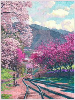 border bridge cherry_blossoms cloud cloudy_sky commentary_request day highres landscape mountain mugumo_24k no_humans original outdoors railroad_signal railroad_tracks revision scenery signature sky spring_(season) train tree white_border