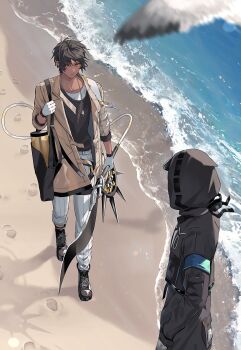 1boy 1other absurdres ambiguous_gender arknights beach bird black_coat black_hair black_shirt brown_coat coat commentary_request dark-skinned_male dark_skin doctor_(arknights) ear_piercing earclip footprints from_above gloves highres hishoti_cheese holding holding_weapon hood hood_up hooded_coat hooded_jacket jacket jewelry male_focus necklace orange_eyes pajamas piercing sand shirt shore thorns_(arknights) water weapon white_gloves white_pajamas