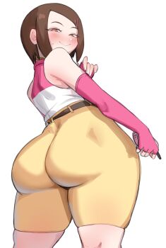 0lightsource 1girl armpit_focus armpits arms_behind_head ass ass_focus bare_shoulders blush brown_eyes brown_hair commentary cowboy_shot digimon digimon_adventure_02 english_commentary from_behind highres huge_ass naughty_face parted_lips pink_shirt shirt short_hair shorts simple_background smile solo two-tone_shirt white_background white_shirt yagami_hikari yellow_shorts