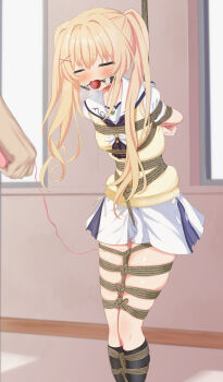 1girl 1other absurdres arms_behind_back ball_gag bdsm black_socks blonde_hair blue_skirt blush bondage bound bound_arms bound_legs bound_torso breasts clenched_hand closed_eyes collarbone commission controller crotch_rope drooling egg_vibrator embarrassed female_focus forced_orgasm gag gagged hair_between_eyes hair_ornament hallway hamuta_(machosbrown) highres holding holding_remote_control indoors kneehighs legs legs_together long_hair miniskirt multicolored_skirt neckerchief neckerchief_between_breasts perky_breasts pleated_skirt remote_control remote_control_vibrator rope saliva saliva_trail school school_uniform sex_toy shadow shibari shibari_over_clothes shirt short_hair sidelocks skeb_commission skin_tight skindentation skirt small_breasts socks solo_focus standing summer_pockets sunlight suspension sweater sweater_vest thighs tsumugi_wenders twintails variant_set very_long_hair vibrator vibrator_under_clothes white_shirt white_skirt wiffle_gag window x_hair_ornament yellow_sweater yellow_sweater_vest