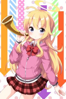 1girl arrow_(symbol) blonde_hair blue_eyes blush bow bowtie closed_mouth collared_shirt colorful_background commentary_request cowboy_shot gabriel_dropout gabriel_tenma_white halo highres holding holding_instrument hood hood_down hoodie horn_(instrument) instrument long_hair looking_at_viewer pink_hoodie plaid_clothes plaid_skirt pleated_skirt red_bow red_bowtie red_skirt ruu_(tksymkw) school_uniform shirt skirt solo white_shirt zipper