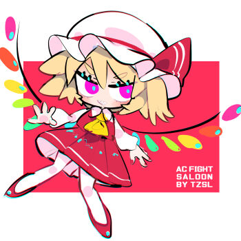 1girl artist_name ascot blonde_hair chibi chibi_only clenched_teeth commentary crystal_wings flandre_scarlet frown full_body hat highres looking_at_viewer mob_cap purple_eyes red_shirt red_skirt shirt short_hair skirt solo symbol-only_commentary teeth touhou tsuru_(nekopanchi) v-shaped_eyebrows white_hat wings yellow_ascot