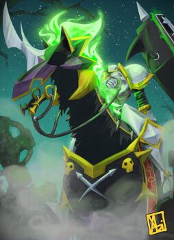 armor barding digimon digimon_(creature) dullahamon dullahan fire green_fire highres holding invisible night riding star_(sky) weapon white_armor xabimaruru