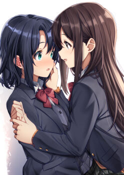 Rule 34 | 2girls, adachi sakura, adachi to shimamura, black jacket, blazer, blue eyes, blue hair, blush, bow, bowtie, brown eyes, brown hair, collared shirt, commentary request, hand on another's face, highres, holding another's wrist, jacket, long hair, mad (hazukiken), medium hair, multiple girls, open mouth, red bow, red bowtie, school uniform, shimamura hougetsu, shirt, smile, sweat, white shirt, yuri
