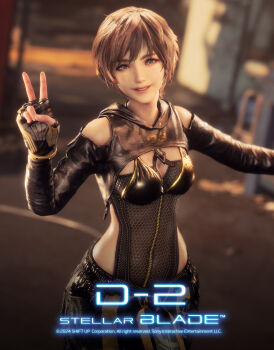 1girl 3d black_pants blue_eyes brown_hair clothing_cutout copyright_name countdown fingerless_gloves gloves highres lily_(stellar_blade) looking_at_viewer official_art pants short_hair shoulder_cutout shrug_(clothing) smile stellar_blade v zipper