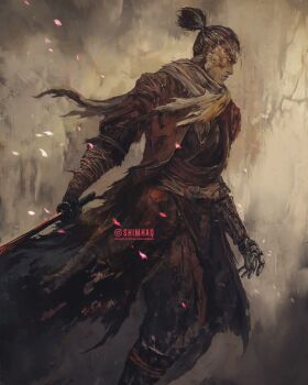 1boy closed_mouth coat fromsoftware highres holding holding_sword holding_weapon male_focus ninja orange_coat prosthesis prosthetic_arm scar scar_on_face scarf sekiro sekiro:_shadows_die_twice shimhaq short_hair simple_background sword topknot torn_clothes torn_coat torn_scarf weapon