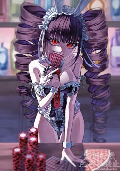 1girl bar_(place) bare_shoulders black_hair black_leotard breasts card celestia_ludenberg danganronpa:_trigger_happy_havoc danganronpa_(series) drill_hair hashtag-only_commentary holding holding_card large_breasts leotard long_hair looking_at_viewer oisutalasolosu playboy_bunny poker_chip red_eyes solo table thighs twin_drills very_long_hair wrist_cuffs