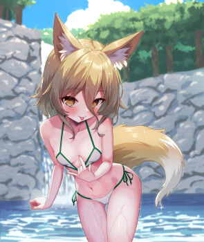 1girl :p ambasa animal_ear_fluff animal_ears bikini bikini_pull bikini_top_pull blonde_hair breasts clothes_pull forest fox_ears fox_girl fox_tail hair_between_eyes highres kudamaki_tsukasa leaning_forward loli long_bangs looking_at_viewer medium_hair nature outdoors pond side-tie_bikini_bottom small_breasts swimsuit tail teasing tongue tongue_out touhou tree water waterfall wet wet_hair white_bikini yellow_eyes
