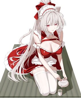 1girl absurdres alternate_costume animal_ears apron bangko bow breasts cat_ears cat_girl cat_tail cleavage closed_mouth colored_eyelashes commentary_request cup dress enmaided hair_bow highres hiyuki_(wuthering_waves) holding holding_teapot kemonomimi_mode korean_commentary large_breasts looking_at_viewer maid maid_headdress ponytail red_bow red_dress red_eyes revision seiza sitting solo tail teapot thighhighs thighs white_background white_eyelashes white_hair white_thighhighs wuthering_waves yunomi