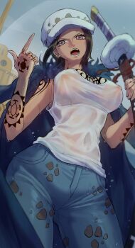 1girl absurdres arm_tattoo black_hair blue_coat blue_pants breast_tattoo breasts coat coat_on_shoulders covered_erect_nipples earrings genderswap genderswap_(mtf) grey_eyes hand_tattoo hat highres holding holding_sword holding_weapon jewelry large_breasts mari_(tztp7234) one_piece open_mouth outdoors pants rain shirt solo sword tank_top tattoo teeth trafalgar_law weapon wet wet_clothes wet_shirt white_hat white_tank_top