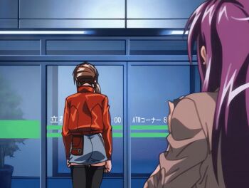 2004 2girls animated animated_gif anime_screenshot ass bible_black bible_black_new_testament brown_hair ichikawa_aki imari_kurumi jacket leather leather_jacket long_hair miniskirt multiple_girls purple_hair shin_bible_black side_ponytail skirt tagme thighhighs tokken_division walking walking_away zettai_ryouiki