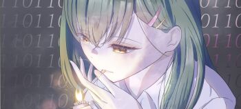 1girl brown_eyes caricariume cigarette collared_shirt commentary_request fire green_hair grey_background hair_between_eyes hair_ornament hairclip half-closed_eyes highres holding holding_cigarette lighter lighting_cigarette link!_like!_love_live! long_hair love_live! ogami_sachi parted_lips portrait shirt smoking solo text_background white_shirt zippo_lighter