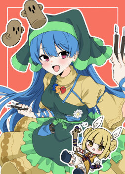 Rule 34 | 2girls, absurdres, apron, arm ribbon, armor, armored dress, between fingers, blonde hair, blue hair, breasts, chibi, commentary request, double bun, dress, flower, green apron, green headscarf, hair bun, hair ribbon, haniwa (statue), haniyasushin keiki, headscarf, highres, holding, jewelry, joutouguu mayumi, long hair, looking at viewer, magatama, magatama necklace, medium breasts, multiple girls, necklace, open mouth, orange background, pink eyes, ribbon, shirataki oden2, simple background, single strap, smile, tools, touhou, white flower, white ribbon, wood carving tool, yellow armor, yellow dress, yellow eyes