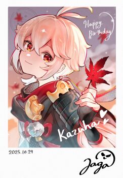 Rule 34 | 1boy, antenna hair, artist name, black haori, black scarf, blurry, blurry background, character name, closed mouth, commentary request, crossed bangs, dated, falling leaves, genshin impact, gradient sky, hair between eyes, hair intakes, hand up, haori, happy birthday, head tilt, heart, highres, holding, holding leaf, jagabokkuru, japanese clothes, kaedehara kazuha, kimono, leaf, long sleeves, looking at viewer, low ponytail, male focus, maple leaf, medium hair, outdoors, pom pom (clothes), ponytail, red eyes, red scarf, scarf, short ponytail, sidelocks, signature, single sode, sky, smile, solo, tassel, watermark, white hair, white kimono, wide sleeves