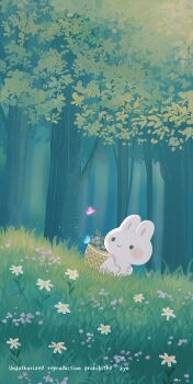 Rule 34 | animal, animal focus, artist name, ayu (mog), basket, blush stickers, bug, butterfly, closed mouth, commentary, day, english commentary, flower, forest, grass, highres, insect, nature, no humans, original, outdoors, rabbit, scenery, smile, solid circle eyes, tree, watermark, white flower