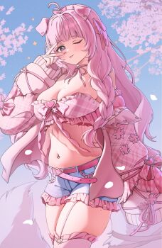 Rule 34 | 1girl, :p, animal ears, antenna hair, aqua pupils, belt, belt buckle, blue shorts, blue sky, bone hair ornament, bow, bow bra, bra, braid, breasts, buckle, cardigan, character request, cherry blossoms, cleavage, commentary, copyright request, cowboy shot, day, denim, denim shorts, dog ears, dog girl, dog tail, droopy ears, english commentary, falling petals, frilled bra, frilled shorts, frilled thighhighs, frills, garter straps, grey eyes, hair bow, hair ornament, hand up, heart, heart-shaped buckle, highres, ibbychan, large breasts, long hair, long sleeves, looking at viewer, navel, navel piercing, neck ribbon, one eye closed, open cardigan, open clothes, outdoors, petals, piercing, pink belt, pink bow, pink bra, pink cardigan, pink garter straps, pink hair, pink ribbon, pink thighhighs, plaid bra, plaid clothes, ribbon, short shorts, shorts, sky, solo, standing, stomach, strapless, strapless bra, tail, thighhighs, tongue, tongue out, underwear, v, v over eye, very long hair, wavy hair, wide sleeves, wispy bangs