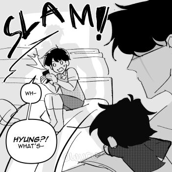 areuwuu black_hair collared_shirt commentary double-parted_bangs dual_persona english_commentary english_text hair_between_eyes highres holding holding_phone kim_dokja male_focus mini_person miniboy oldest_dream omniscient_reader&#039;s_viewpoint on_bed phone secretive_plotter shirt shorts vest yoo_joonghyuk yoo_joonghyuk_(999th_turn)