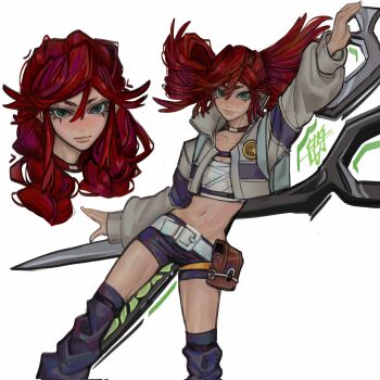 1girl belt big_hair gachiakuta green_eyes grey_jacket highres holding holding_scissors jacket lika_vante long_hair looking_at_viewer red_hair riyo_reaper scissors shorts simple_background skinny white_belt