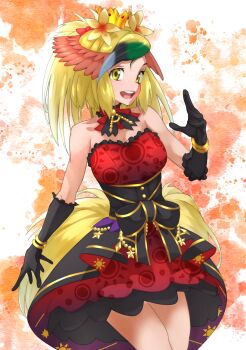 1girl bare_shoulders black_bow black_dress black_gloves black_hair blonde_hair blue_hair bow bracelet commentary_request cowboy_shot crown detached_collar dress flower gloves greater_bird-of-paradise_(kemono_friends) green_hair hair_between_eyes hair_flower hair_ornament highres jewelry kemono_friends kemono_friends_3 multicolored_hair official_alternate_costume patterned_clothing red_dress short_hair sleeveless solo tanabe_(fueisei) yellow_eyes