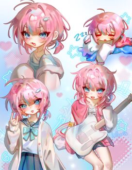 1girl \n/ absurdres antenna_hair blue_bow blue_bowtie blue_eyes blush bow bowtie closed_eyes closed_mouth cloud_(lufaeris) commentary english_commentary fish_hair_ornament guitar hair_ornament heart highres holding holding_guitar holding_instrument instrument jacket long_sleeves looking_at_viewer multiple_views open_clothes open_jacket original pink_hair pink_jacket shirt short_hair sleeping smile star_(symbol) white_jacket white_shirt zzz