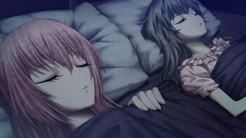 2girls akiha_rumiho amane_suzuha bed bed_sheet brown_hair collar facing_up fingernails frilled_collar frilled_pajamas frills game_cg hair_down head_on_pillow highres huke lips long_hair multiple_girls no_animal_ears no_headwear non-web_source official_art on_bed open_mouth pajamas pillow pink_hair pink_pajamas puffy_short_sleeves puffy_sleeves science_adventure shared_bed shared_blanket shiny_lips short_sleeves sleeping sleeping_together steins;gate steins;gate:_linear_bounded_phenogram tongue tsurime under_covers