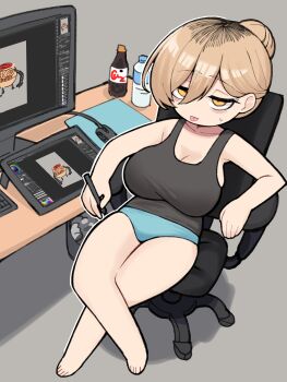 Rule 34 | 1girl, absurdres, awan raccoon, bare shoulders, blonde hair, bottle, breasts, chair, cleavage, collarbone, computer mouse, desk, drawing tablet, full body, grey background, hair between eyes, hair bun, highres, holding, holding stylus, large breasts, monitor, office chair, original, outline, shadow, single hair bun, sitting, solo, stylus, sweatdrop, swivel chair, thick thighs, thighs, tongue, tongue out, water bottle, white outline, yellow eyes