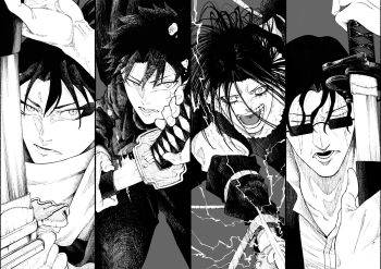 4boys closed_eyes cloud_gouger_(sword) coat cowboy_shot drawing_sword enten_(sword) eyeshadow facial_scar fighting_stance greyscale hand_up highres holding holding_sheath holding_sword holding_weapon jacket kagurabachi katana kumeyuri_(sword) lightning long_coat long_sleeves makeup male_focus medium_hair messy monochrome multiple_boys open_mouth pants rokuhira_chihiro samura_seiichi scar scar_across_eye scar_across_eyes scar_on_cheek scar_on_face scarf sheath short_hair soujou_genichi split_screen suit_jacket sunglasses sword teeth tobimune_(sword) unsheathing uruha_youji weapon yamagata_(user_ymrx4758)