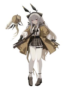 1girl absurdres alternate_costume arknights black_gloves black_shoes brown_jacket chinese_commentary closed_mouth collared_shirt commentary full_body gloves grey_hair grey_skirt highres hrtk jacket loafers long_hair looking_at_viewer miniskirt pantyhose pleated_skirt red_eyes shirt shoes simple_background skirt standing thigh_strap very_long_hair weedy_(arknights) white_background white_pantyhose white_shirt