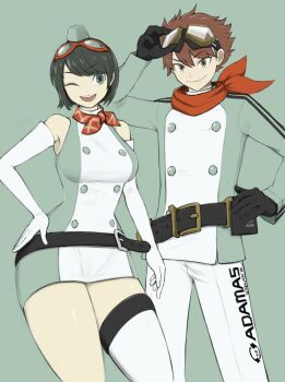 1boy 1girl absurdres bare_shoulders belt blue_eyes breasts brown_hair closed_mouth commentary_request cowboy_shot digimon digimon_story:_time_stranger dress gloves goggles goggles_on_head green_background green_dress green_hat green_jacket hat highres jacket large_breasts mas_square microdress multicolored_jacket one_eye_closed pants parted_lips short_hair simple_background single_thighhigh smile thighhighs thighs two-tone_dress two-tone_jacket white_dress white_gloves white_jacket white_pants white_thighhighs yellow_eyes yuuki_dan yuuki_kanan