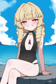 1girl absurdres black_one-piece_swimsuit blonde_hair blue_sky blush bracelet commission covered_navel crossed_legs drill_hair female_focus flat_chest grin highres jewelry long_hair looking_at_viewer one-piece_swimsuit original outdoors parted_lips pixiv_commission red_eyes sitting sky smile solo swimsuit teeth zing_(z_z_zing)