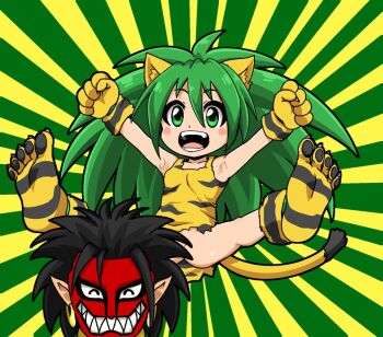Rule 34 | 1girl, animal ear fluff, animal ears, animal hands, animal print, armpits, breasts, brother and sister, cat ears, cat tail, cham cham, convenient censoring, full body, gloves, green eyes, green hair, hair between eyes, long hair, looking at viewer, matching hair/eyes, no panties, open mouth, paw gloves, paw shoes, samurai spirits, siblings, small breasts, smile, solo, spread legs, tail, tiger print, yuuya (blue scarab)