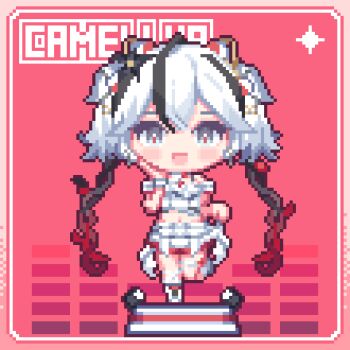 1girl animated animated_gif camellya_(wuthering_waves) character_name chibi chibi_only chinese_commentary commentary_request crop_top grey_eyes hair_vines hand_on_own_face highres idol kyou_039 looking_at_viewer looping_animation midriff open_mouth short_hair skirt smile solo standing standing_on_one_leg white_hair white_skirt wuthering_waves